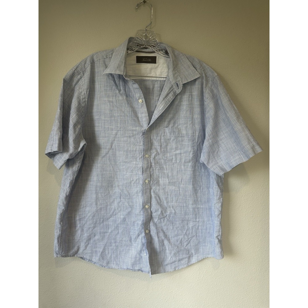 Tasso Elba Shirt Men  Large Adult Blue White Button Down‎ Short Sleeve Pocket